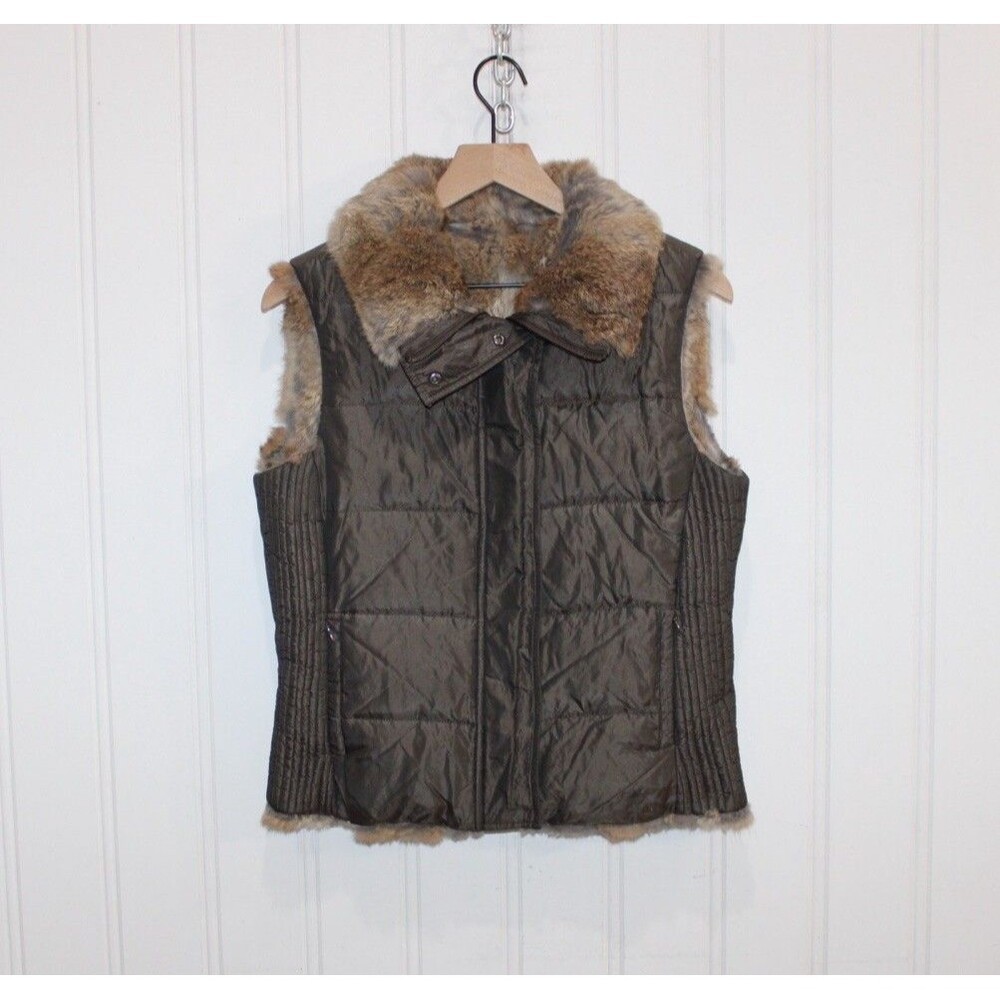 Burberry London Rabbit Fur Down Puffer Vest Olive Green Reversible Size Medium
